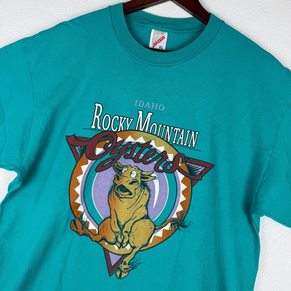 Vintage 90s Idaho Rocky Mountain Oysters Jerzees T-Shirt Mens XL Teal Graphic
